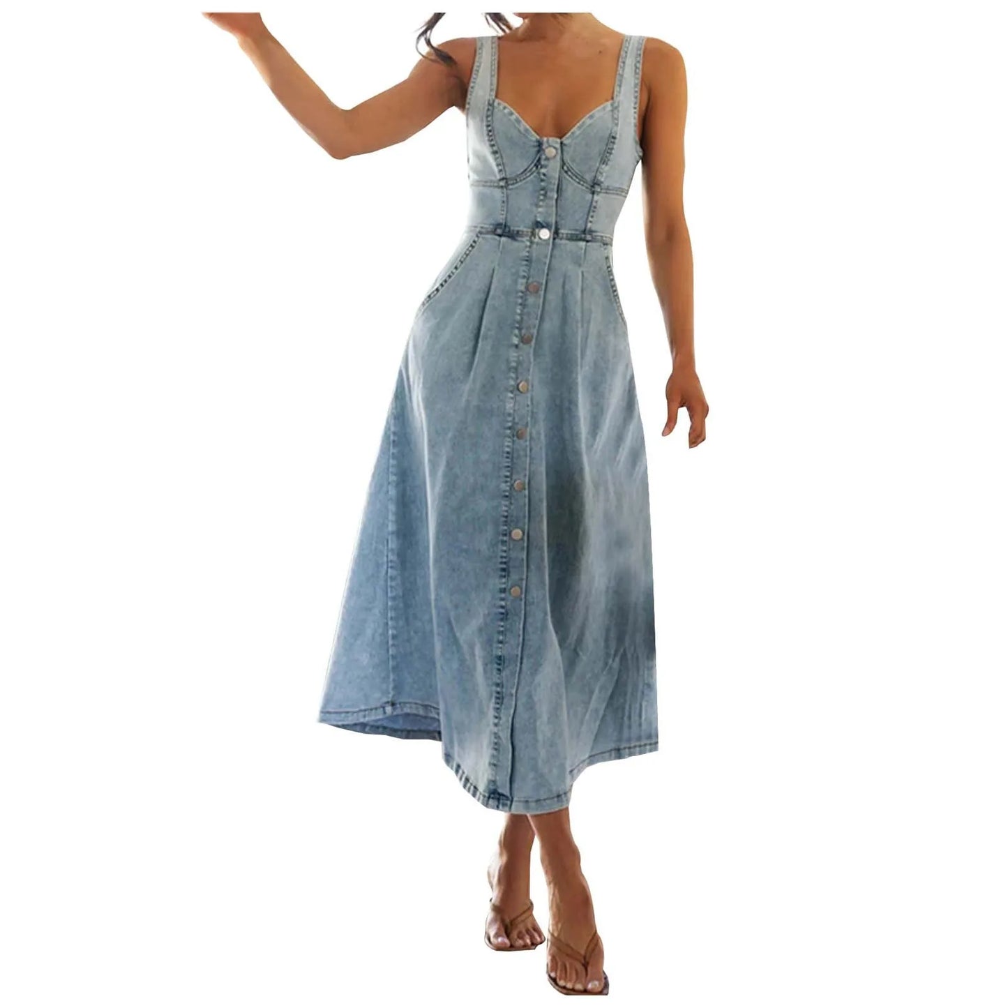 Vestido Jeans Rodado com Alças