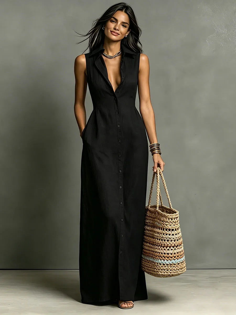 Vestido Maxi Gola Colarinho e Decote V Profundo