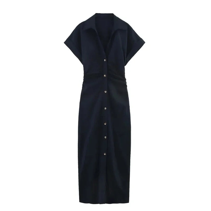 Vestido Midi Retrô Acinturado com Botões