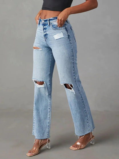 Calças de Ganga Straight Leg com Rasgões & Bolsos