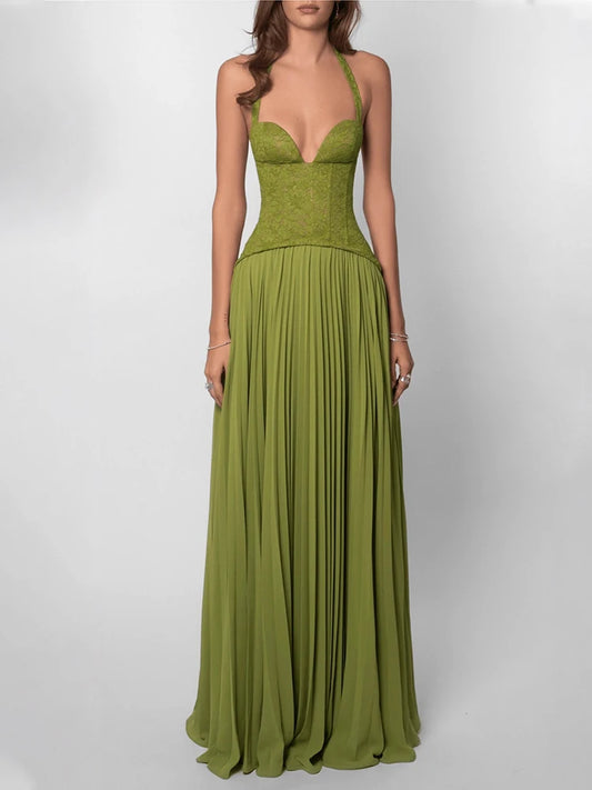 Vestido Maxi Corset Verde com Halter e Costas Abertas