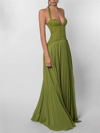 Vestido Maxi Corset Verde com Halter e Costas Abertas