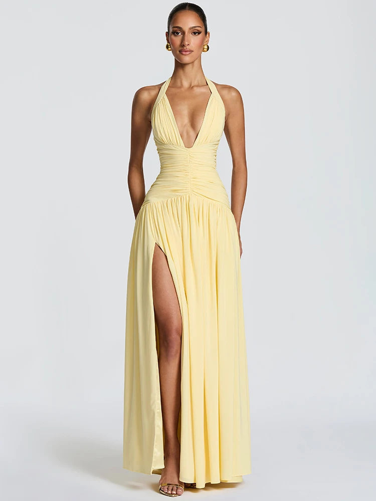Vestido Maxi Halter com Decote V Profundo