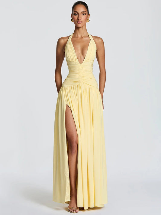 Vestido Maxi Halter com Decote V Profundo