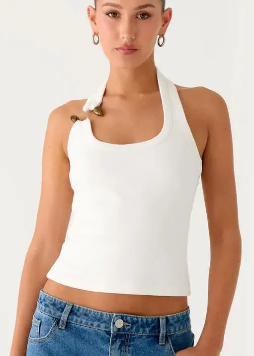 Top halter neck sem mangas slim fit bege – Trivelle