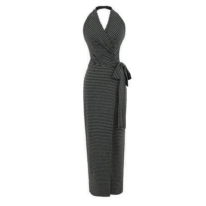 Vestido Maxi Halter Às Riscas