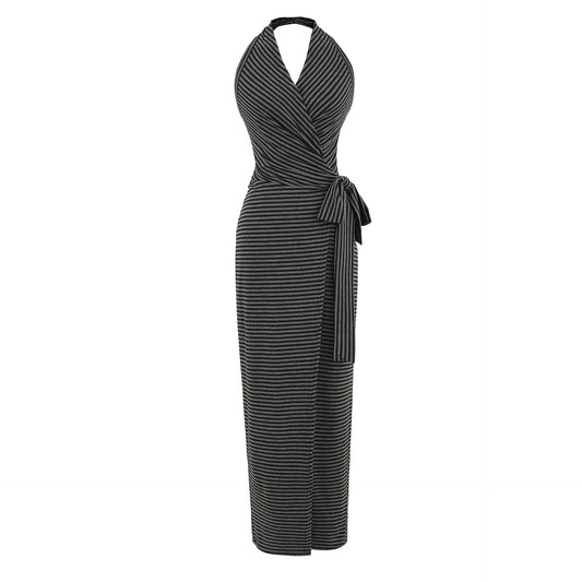 Vestido Maxi Halter Às Riscas