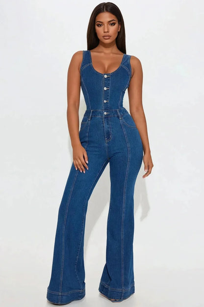 Macacão Ganga Sem Mangas com Botões | Calças Flare Estilo Streetwear