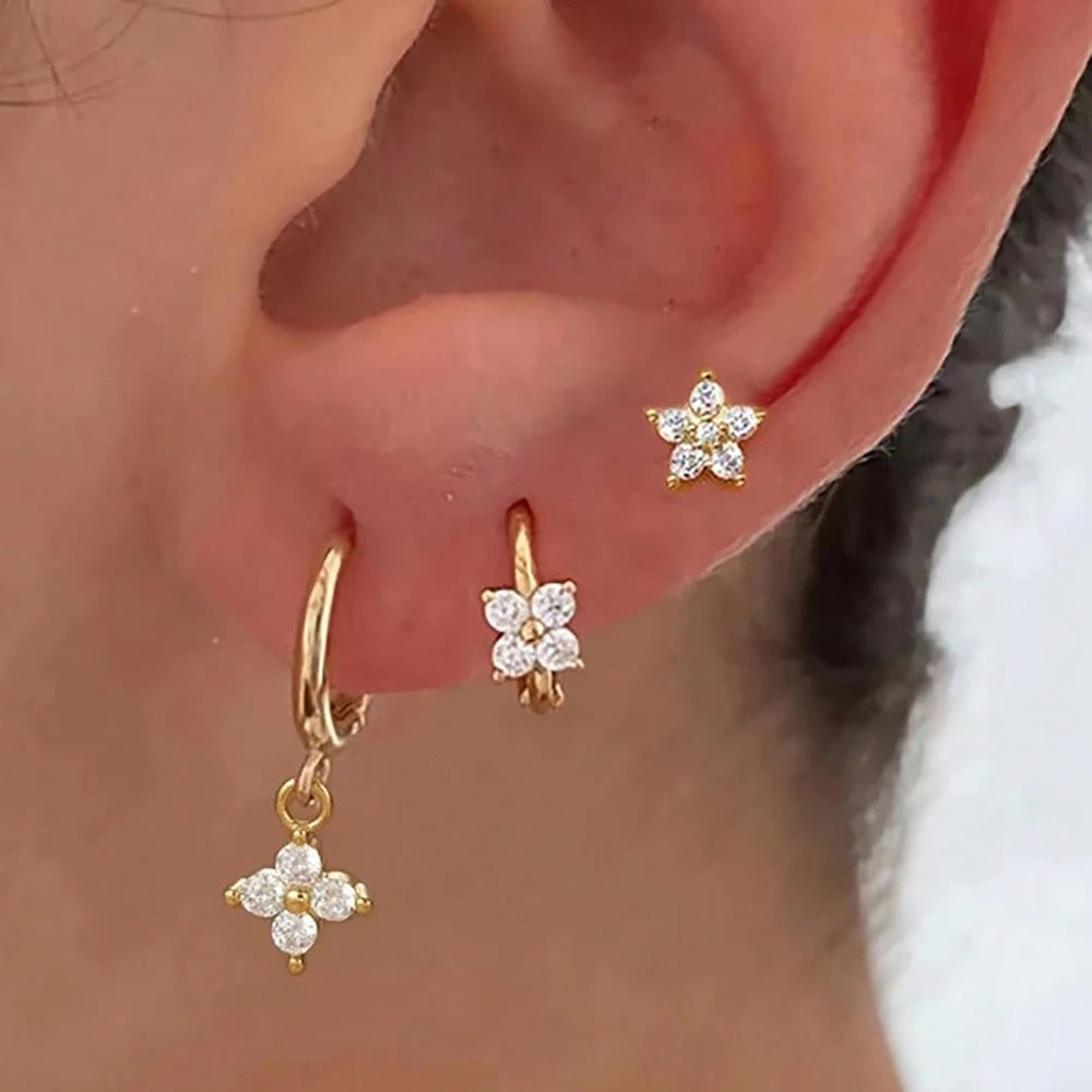 Pack 3 Brincos Flor com Zircónia | Aço Inoxidável Hipoalergénico.