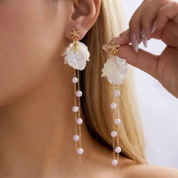 Brincos Pendentes Estrela-do-Mar & Concha | Estilo Boémio | Tom Dourado | Verão.