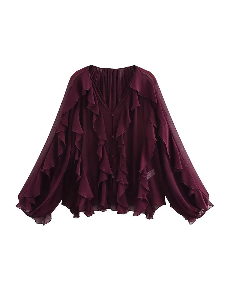 Blusa com folhos bordô semi-transparente manga longa – Trivelle