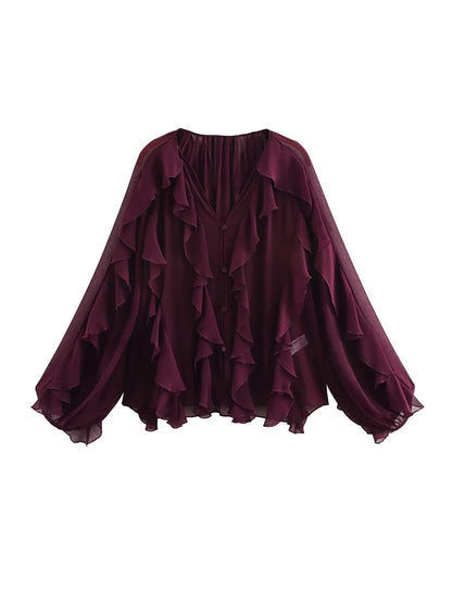 Blusa com folhos bordô semi-transparente manga longa – Trivelle