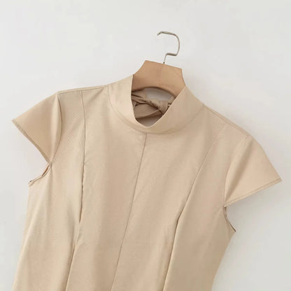 Vestido Midi Algodão Puro com Gola Alta e Manga Curta