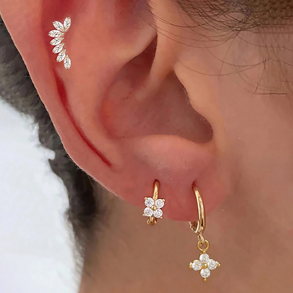 Pack 3 Brincos Flor com Zircónia | Aço Inoxidável Hipoalergénico.