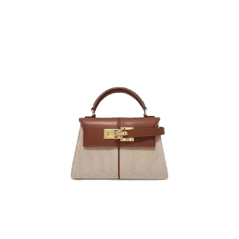 Mala trapezoidal em couro genuíno creme e castanho com fecho dourado – Trivelle
