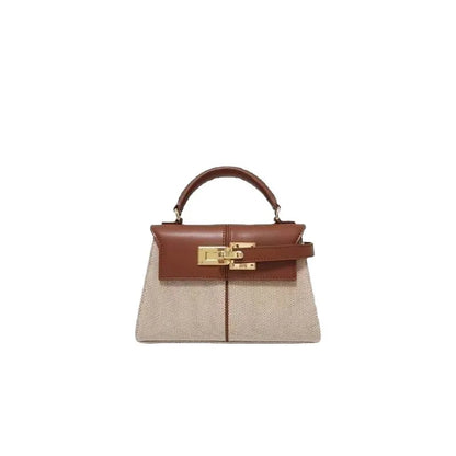 Mala trapezoidal em couro genuíno creme e castanho com fecho dourado – Trivelle