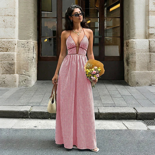 Vestido Maxi Às Riscas com Decote V Profundo