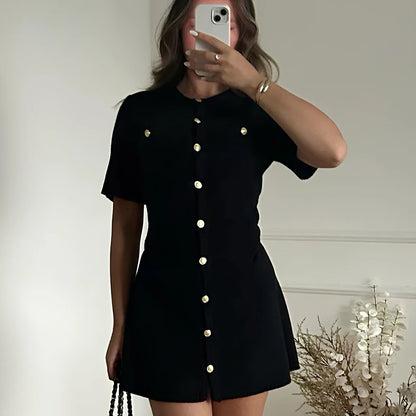 Vestido Mini Malha Canelada com Botões Metálicos