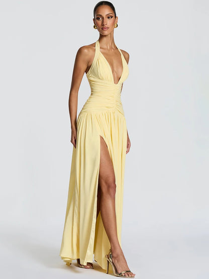 Vestido Maxi Halter com Decote V Profundo