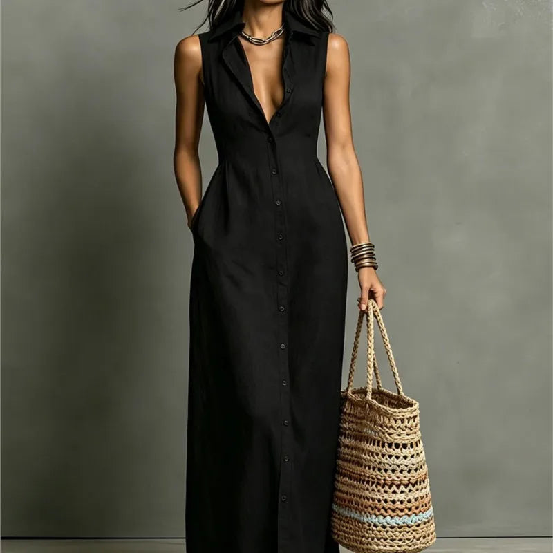Vestido Maxi Gola Colarinho e Decote V Profundo