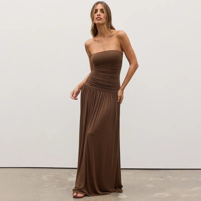 Vestido Maxi Strapless Plissado