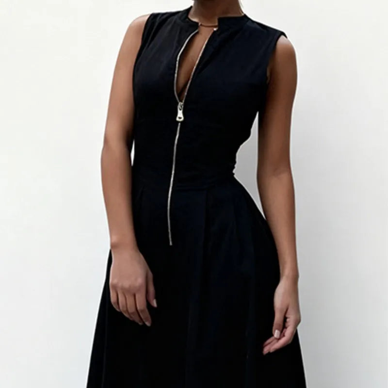 Vestido Longo Slim sem Mangas com Decote V e Zip