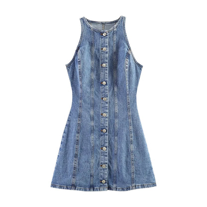 Vestido Jeans Curto Sem Manga