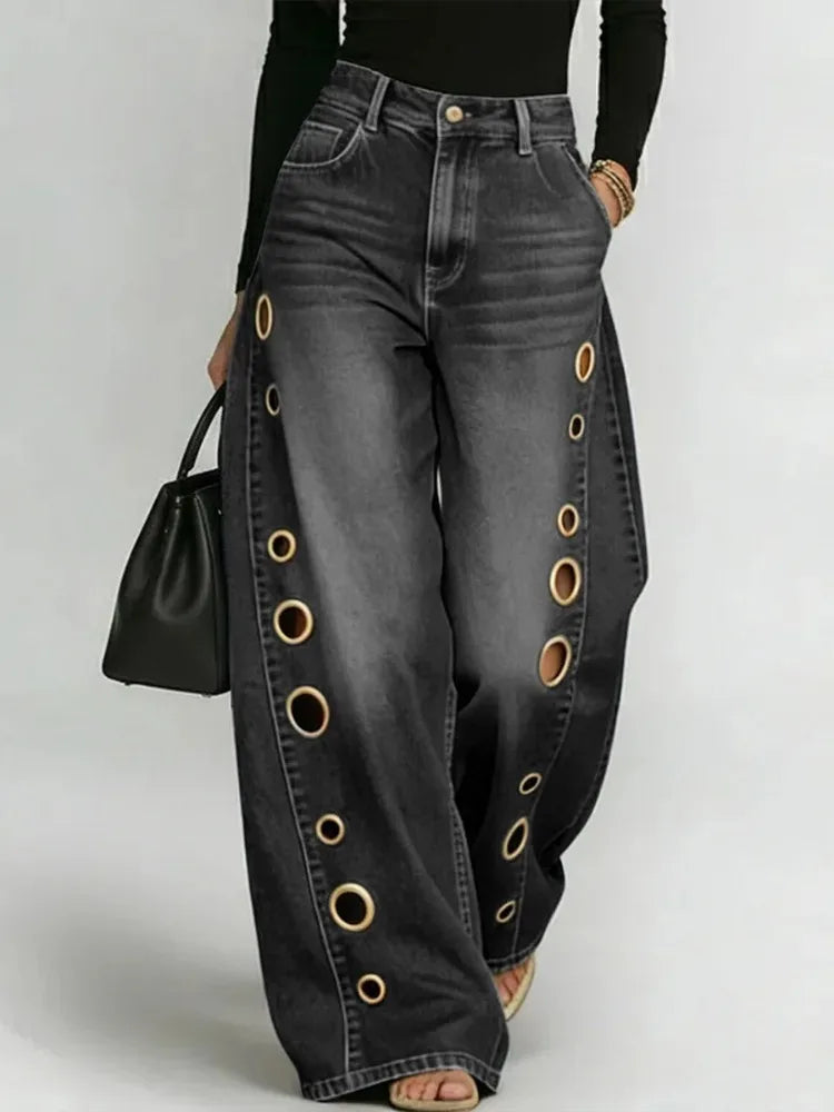 Calças de Ganga Wide Leg com Ilhós Metálicos