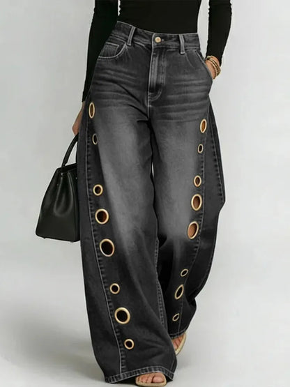 Calças de Ganga Wide Leg com Ilhós Metálicos