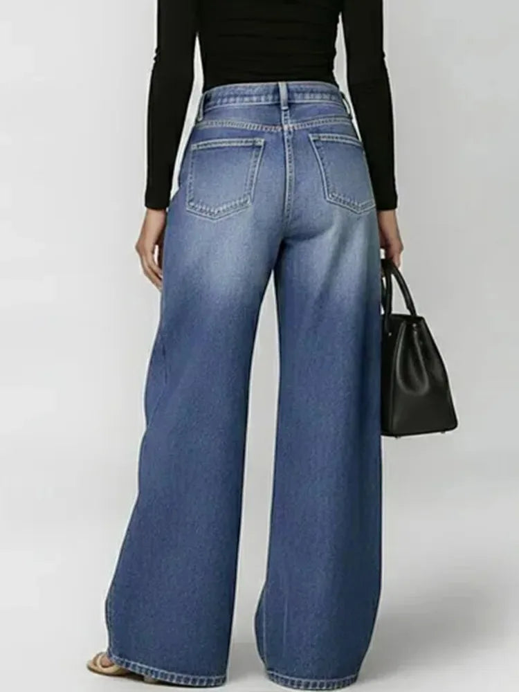Calças de Ganga Wide Leg com Ilhós Metálicos