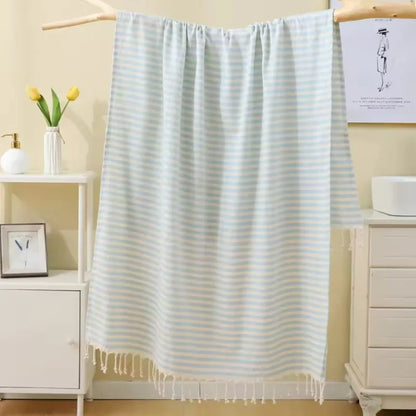 Toalha de Praia Luxo 100x200cm | 100% Algodão às Riscas com Franjas