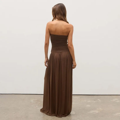 Vestido Maxi Strapless Plissado