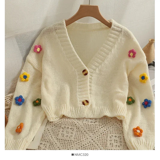 Cardigan de Malha com Flores Coloridas