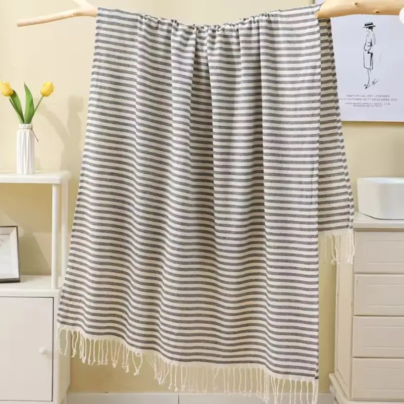 Toalha de Praia Luxo 100x200cm | 100% Algodão às Riscas com Franjas