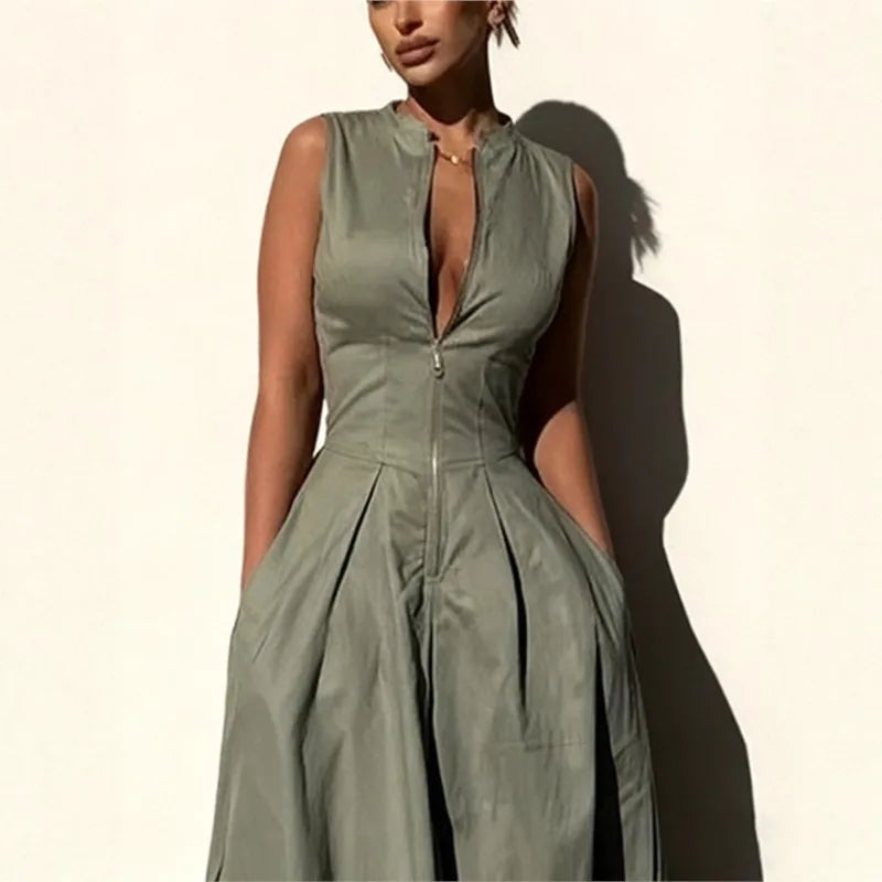 Vestido Longo Slim sem Mangas com Decote V e Zip