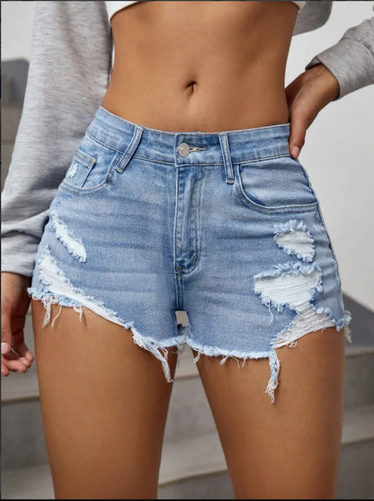 Calções Denim Ripped Cintura Alta