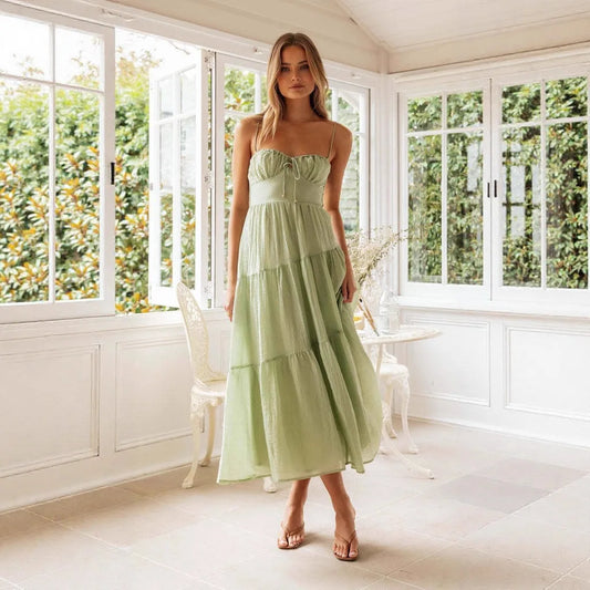 Vestido Verão Alças Finas com Saia de Babados