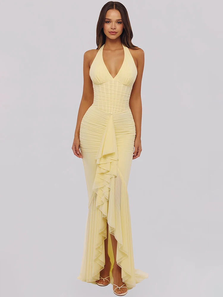 Vestido Maxi em Rede com Decote V Profundo e Costas Abertas