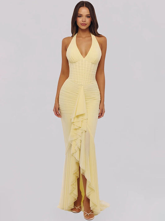 Vestido Maxi em Rede com Decote V Profundo e Costas Abertas