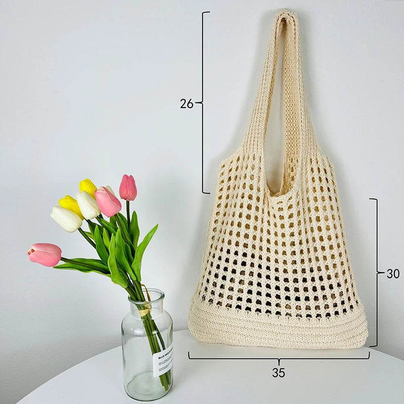 Mala de Ombro em Malha Vintage com Design Vazado | Grande Capacidade Estilo Boho
