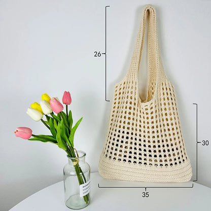 Mala de Ombro em Malha Vintage com Design Vazado | Grande Capacidade Estilo Boho