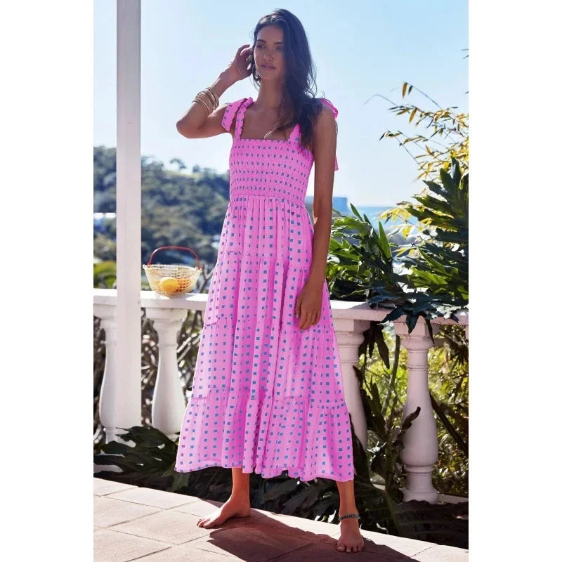 Vestido Midi Canelado com Alças de Laço