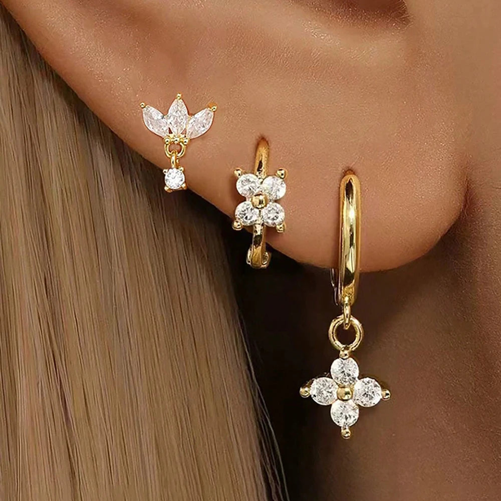 Pack 3 Brincos Flor com Zircónia | Aço Inoxidável Hipoalergénico.