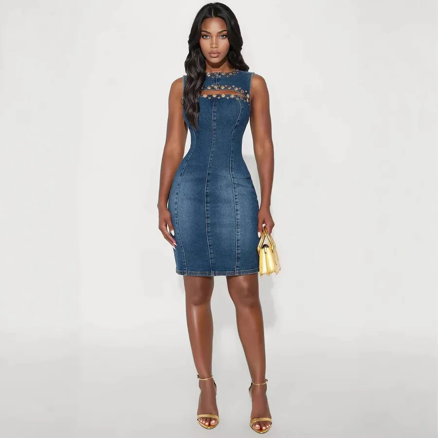 Vestido Jeans Curto Sem Mangas Estilo Rocker