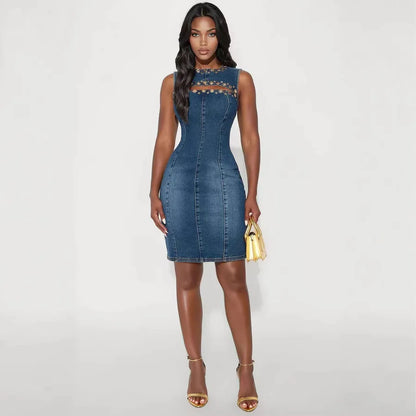 Vestido Jeans Curto Sem Mangas Estilo Rocker