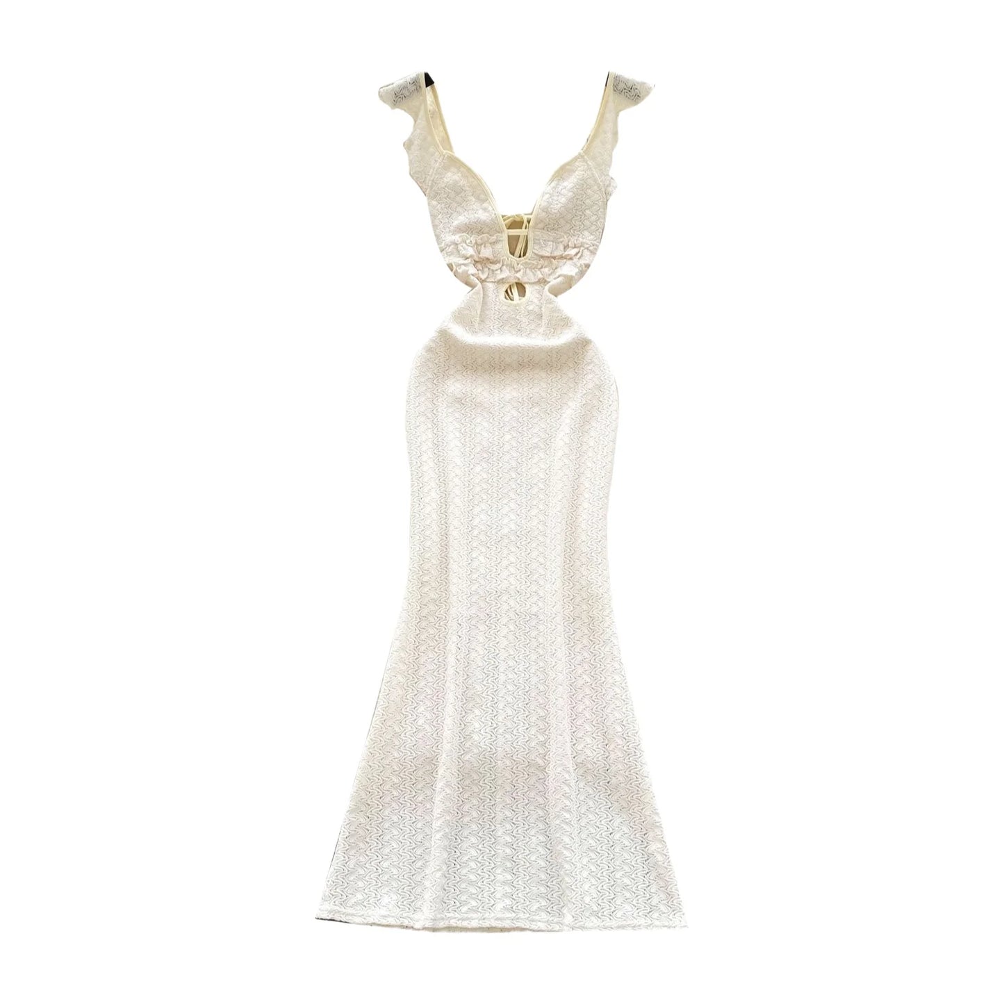 Vestido Longo em Renda com Recortes