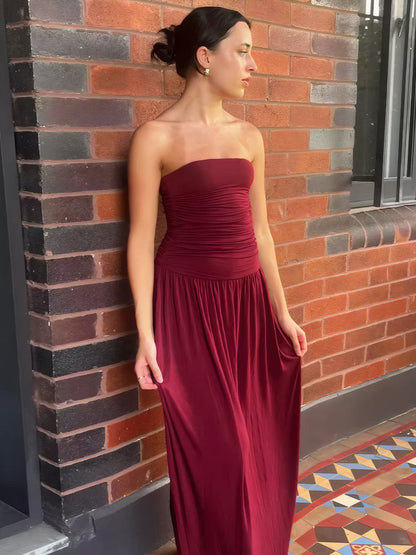 Vestido Maxi Strapless Plissado