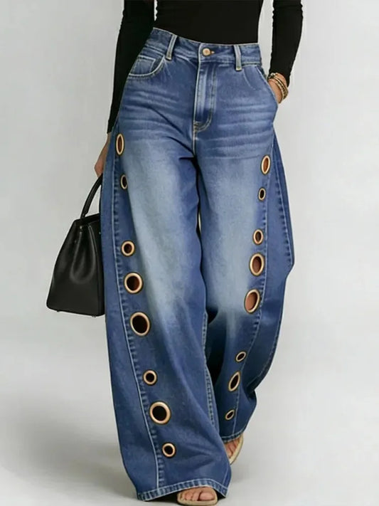 Calças de Ganga Wide Leg com Ilhós Metálicos