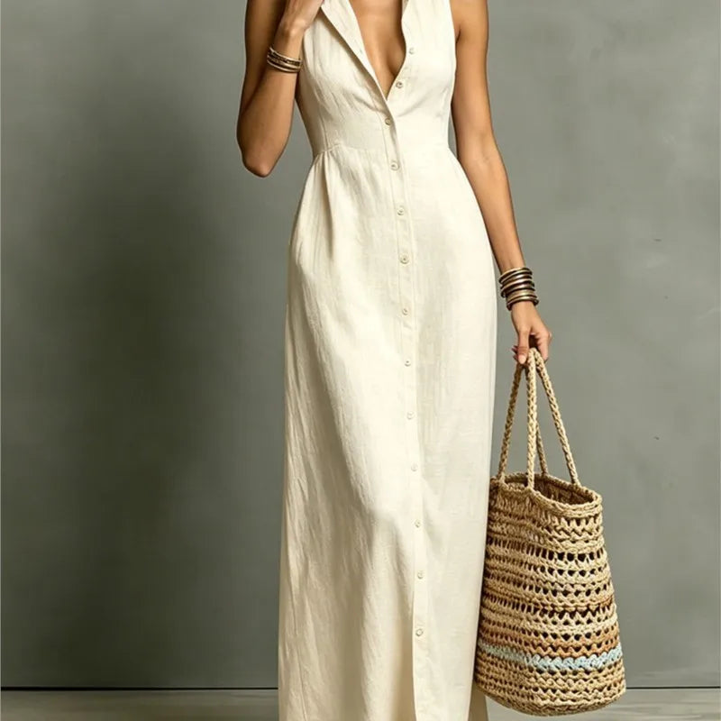 Vestido Maxi Gola Colarinho e Decote V Profundo