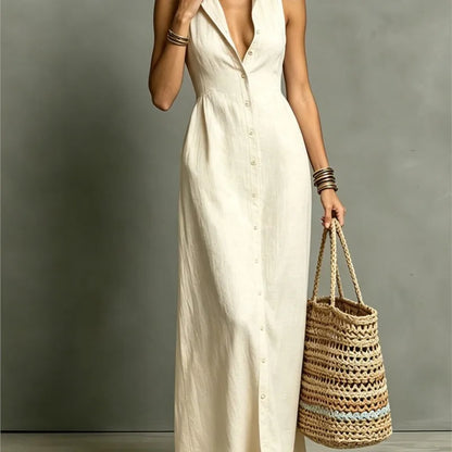 Vestido Maxi Gola Colarinho e Decote V Profundo